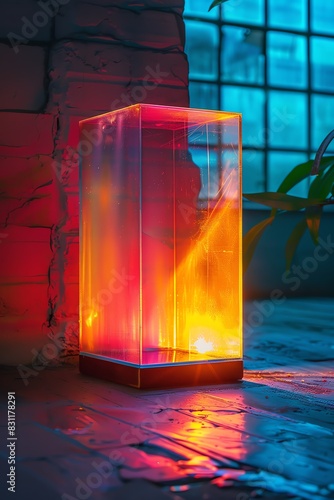 A modern glass lamp casts a warm glow on a wooden floor, creating a vibrant, colorful light show.