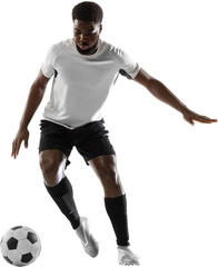 Dribbling the ball. Young African man, male football soccer player training isolated on transparent background. Concept of sport, competition, tournament, hobby, active lifestyle