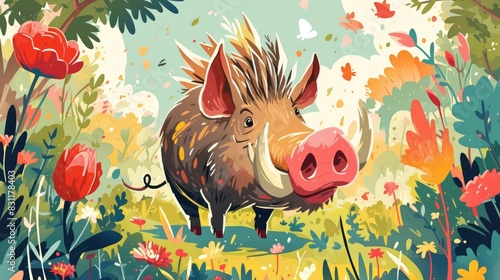Illustration of an adorable boar or warthog character depicted in a vibrant cartoonish style representing a forest dwelling creature in the Chinese zodiac