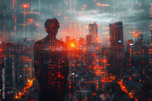 A solitary figure stands against a futuristic city skyline, bathed in a glow of red and orange light. The image evokes themes of technology, urban life, and the future. photo