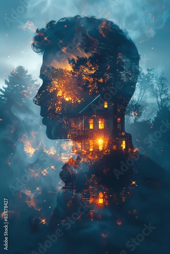 A surreal portrait of a man with a house and forest within his silhouette.  The image is rendered in a blue and orange color palette, creating a dreamlike atmosphere. photo