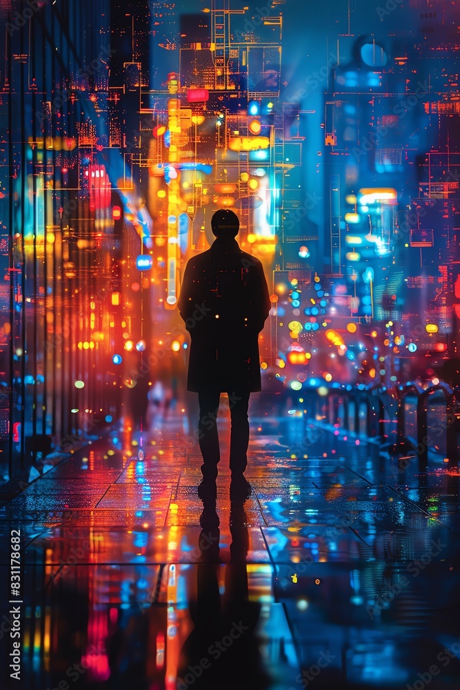 Silhouette of a man standing in a futuristic city with vibrant neon lights reflecting on the wet pavement.