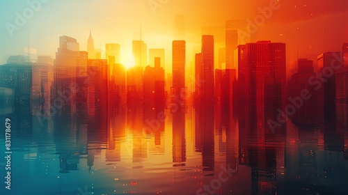 Silhouetted cityscape at sunrise with a reflection in the water. Warm colors and a hazy atmosphere. photo