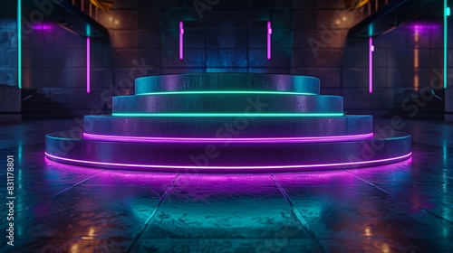 A sleek, multi-tiered podium with a brushed metal surface, illuminated by alternating purple and green cyberpunk lights, set on a dark, reflective floor. Minimal and Simple style © DARIKA