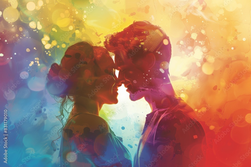 A magazine cover featuring an LGBTQ+ couple in a heartfelt, romantic scene, celebrating Pride Month with a warming and intimate moment A magazine cover featuring an LGBTQ+ couple in a heartfelt, romantic scene, celebrating Pride Month with a warming and intimate moment