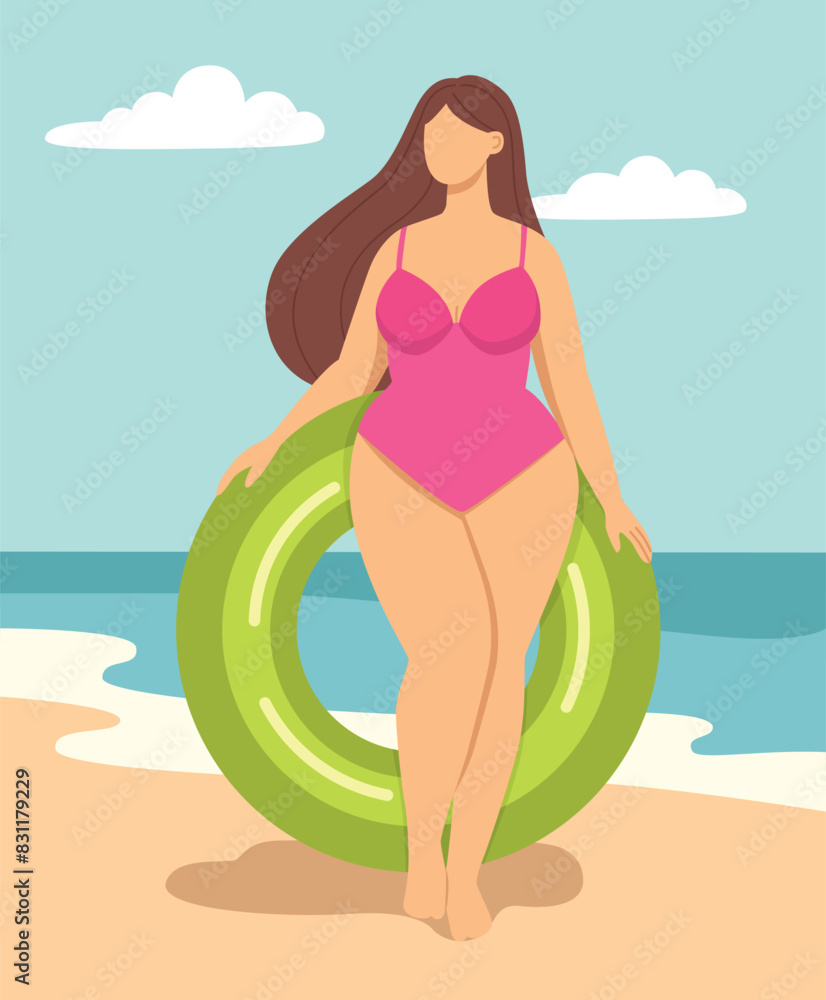 Vector illustration of a plus size woman with inflatable beach circle on sea coast. Flat style concept of body positive girl Vector illustration of a plus size woman with inflatable beach circle on sea coast. Flat style concept of body positive girl