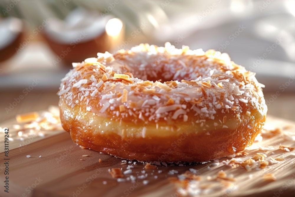 A magazine cover featuring a mouth-watering coconut donut, styled and photographed to perfection for an enticing advertisement A magazine cover featuring a mouth-watering coconut donut, styled and photographed to perfection for an enticing advertisement