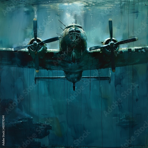 A hauntingly beautiful underwater view of a sunken twin-engine airplane, creating an abstract and captivating wallpaper or background image photo