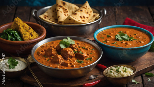 Assorted Indian dishes on rustic backdrop, Chicken Tikka Masala, Palak Paneer, Saffron Rice, Lentil Soup, Pita Bread, and spices.