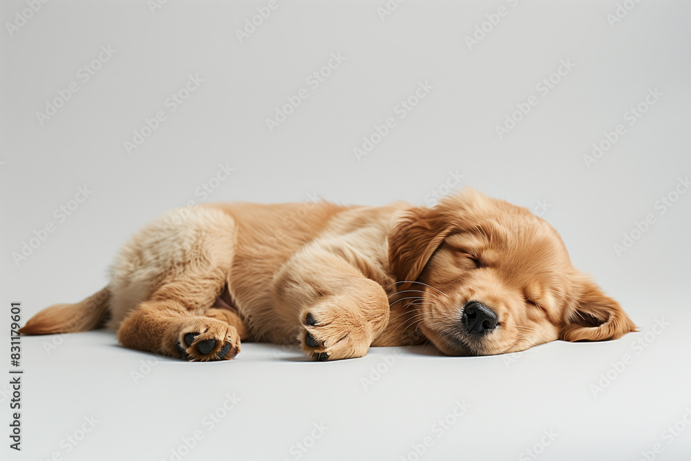 A Golden Retriever puppy rests peacefully, sleeping on the floor.