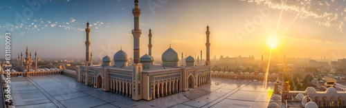 an aerial view of Mosque evening view serene landscape Muslim faith sunsetting on a background photo