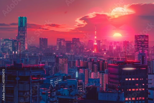 Spectacular sunset casting vivid colors over a sprawling urban skyline