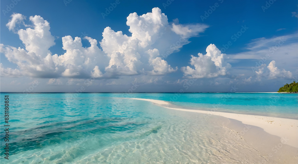 Fototapeta premium Beautiful sandy beach with white sand and rolling calm wave of turquoise ocean on Sunny day on background white clouds in blue sky. 