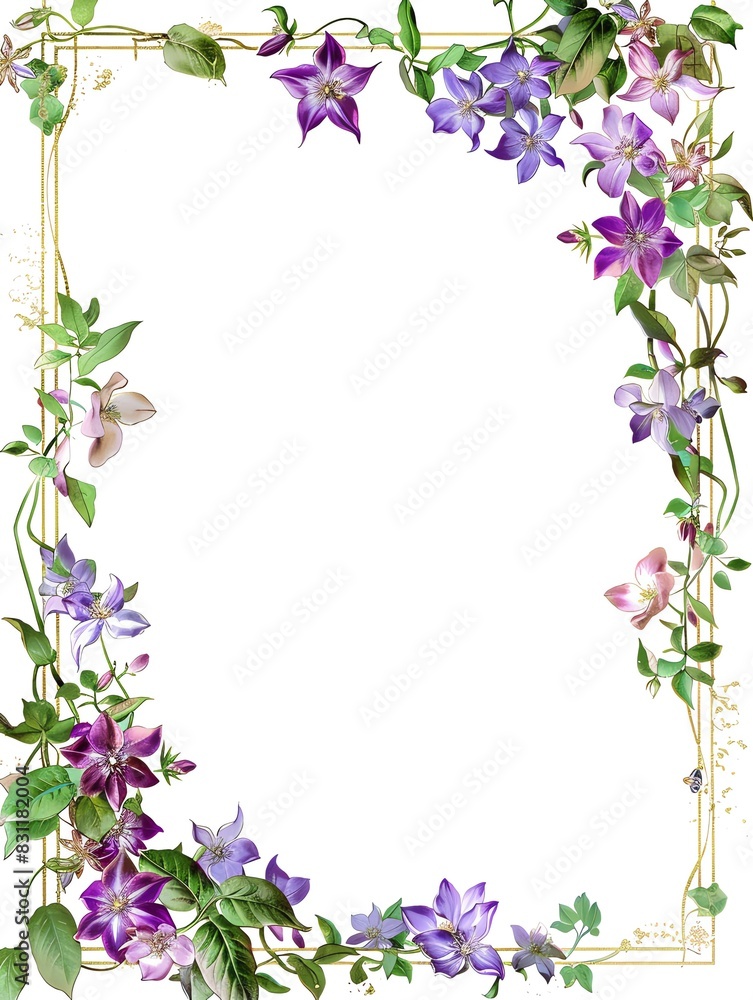A delicate floral frame with a gold border The frame features clusters of roses in various colors A delicate floral frame with a gold border The frame features clusters of roses in various colors