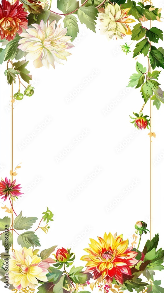 Obraz premium A delicate floral frame with a gold border The frame features clusters of roses in various colors