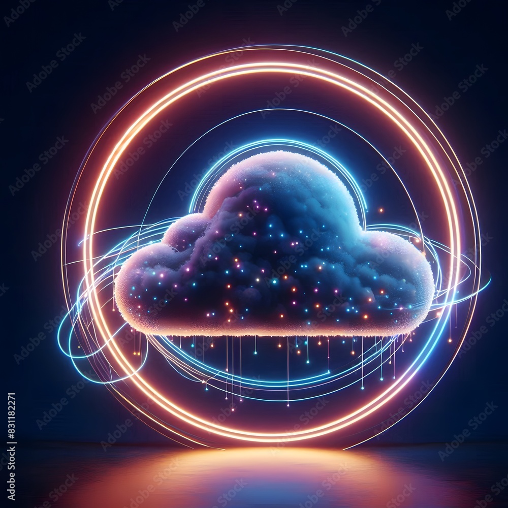 AI Generate of Abstract 3D Cloud Illuminated and Round Neon Light, in Dark Black Background. AI Generate of Abstract 3D Cloud Illuminated and Round Neon Light, in Dark Black Background.