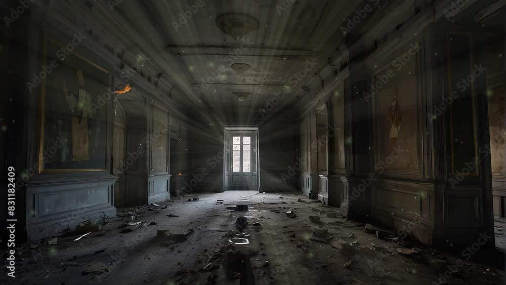 Video is of a long, dark, and abandoned hallway with a door at the end. The hallway is filled with debris and cobwebs. Video is of a long, dark, and abandoned hallway with a door at the end. The hallway is filled with debris and cobwebs.