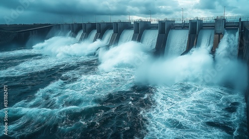 Water rushing through gates at a dam