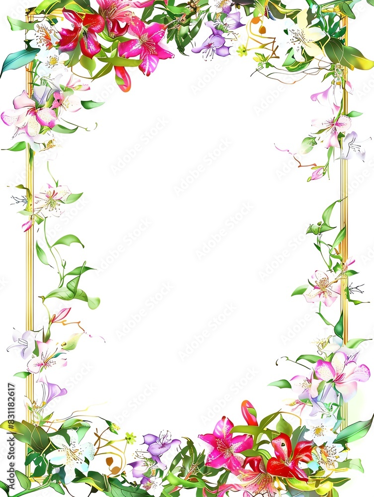 A delicate floral frame with a gold border The frame features clusters of roses in various colors A delicate floral frame with a gold border The frame features clusters of roses in various colors