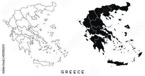 Greece map of city regions districts vector black on white and outline