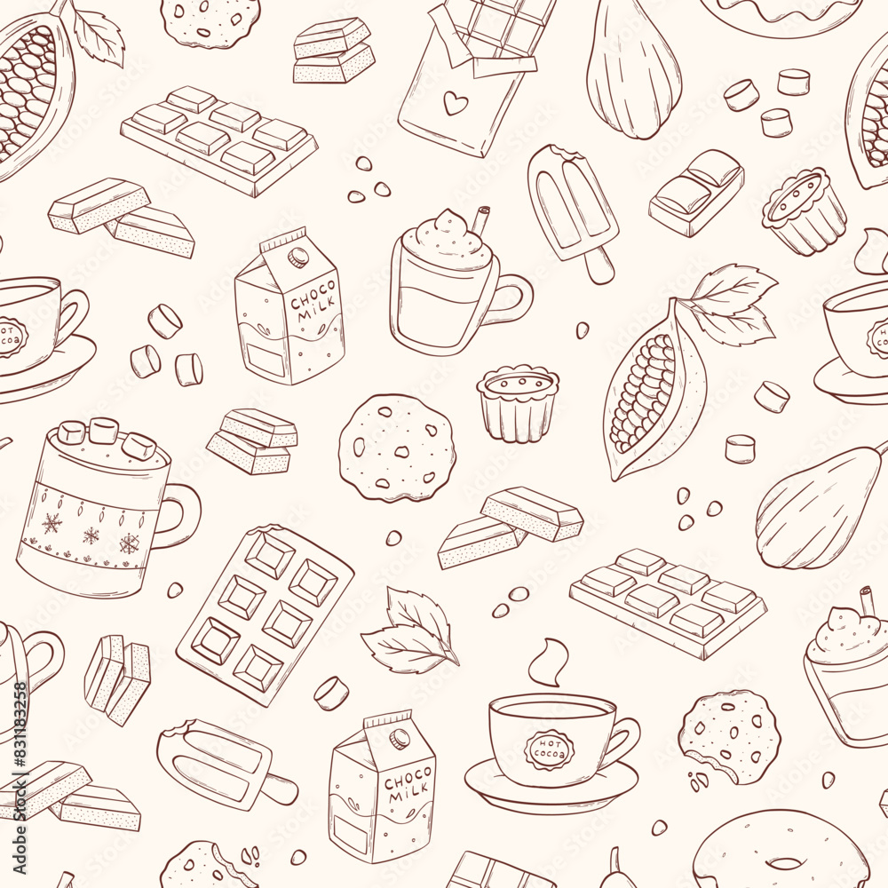 chocolate and cocoa elements seamless pattern with hand drawn chocolate bars, hot chcolate and hot cocoa cups, cacao fruits, cocoa beans, etc. EPS 10 chocolate and cocoa elements seamless pattern with hand drawn chocolate bars, hot chcolate and hot cocoa cups, cacao fruits, cocoa beans, etc. EPS 10