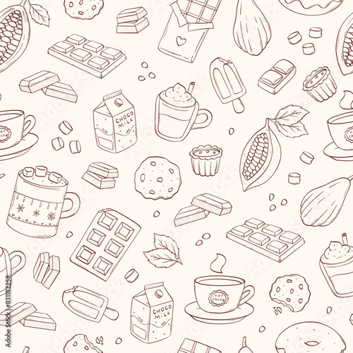 chocolate and cocoa elements seamless pattern with hand drawn chocolate bars, hot chcolate and hot cocoa cups, cacao fruits, cocoa beans, etc. EPS 10