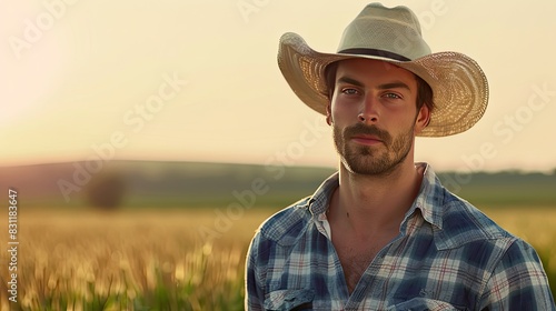man portrait in a hat on the field. Selective focus.