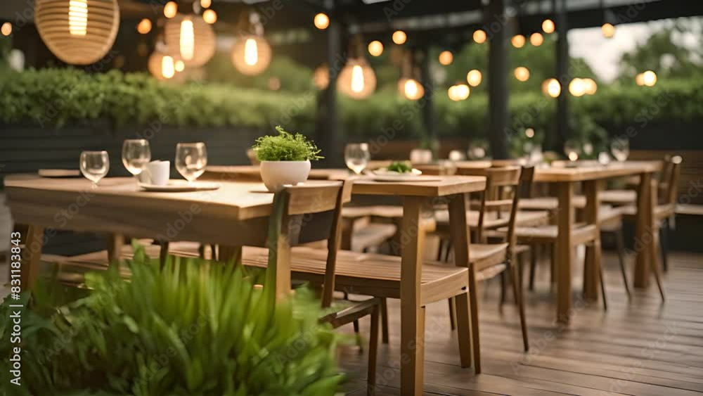 Rustic Restaurant With Wooden Tables Chairs and Hanging Lights Generative AI Rustic Restaurant With Wooden Tables Chairs and Hanging Lights Generative AI