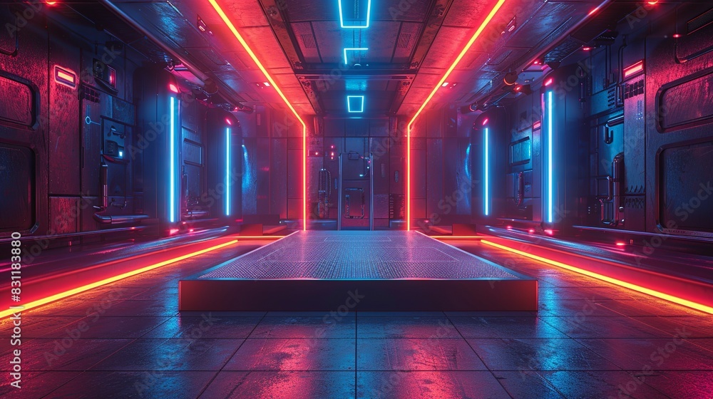 A simple, angular podium with a brushed metal surface, illuminated by alternating blue and red cyberpunk lights, positioned in a high-tech room. Minimal and Simple style