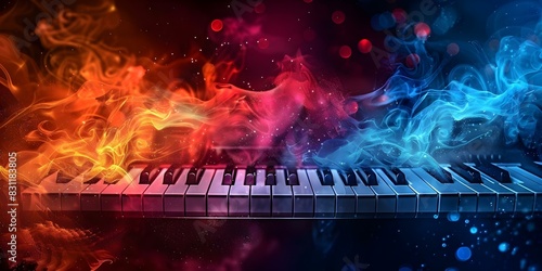 Vibrant piano keyboard dust background for World Music Day event banner with abstract musical instruments design. Concept Music Instruments, World Music Day, Event Banner, Abstract Design