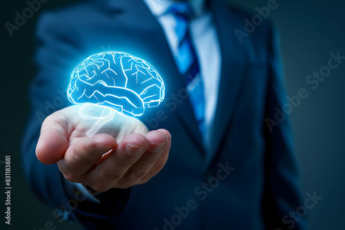 Psychology of investment and do business concept, close up hand of businessman holding brain hologram, growth mindset and positive thinking for success