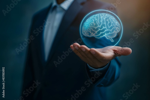 Psychology of investment and do business concept, close up hand of businessman holding brain hologram, growth mindset and positive thinking for success