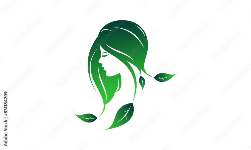 Beautiful woman and green leaf illustration design vector Beautiful woman and green leaf illustration design vector