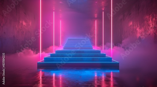A minimalist, triangular podium with a smooth, white surface, bathed in alternating blue and pink neon lights, set on a reflective surface. Minimal and Simple style photo
