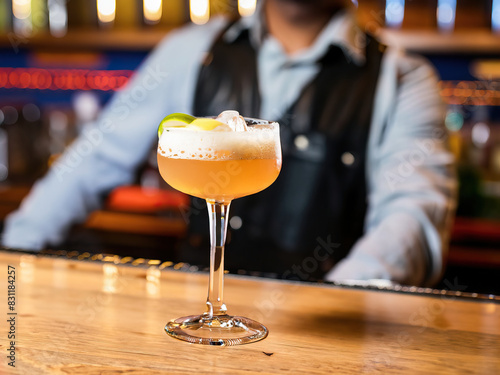 barman serving a cocktail behing the counter photo