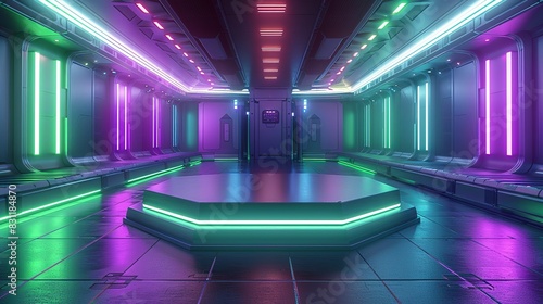 A simple, hexagonal podium with a smooth finish, bathed in alternating green and purple cyberpunk lights, positioned in a high-tech, minimalist room. Minimal and Simple style photo