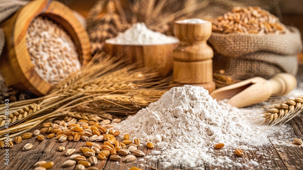 Organic Natural Whole Grain Flour in Sacks and wheat seeds Ears of wheat on an old wooden floor Organic Natural Whole Grain Flour in Sacks and wheat seeds Ears of wheat on an old wooden floor