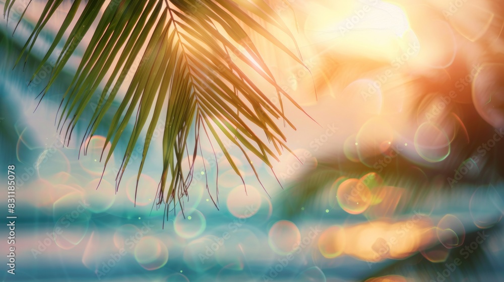 summer beach with tropical palm leaves summer background.