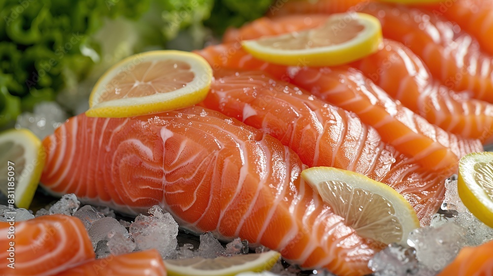 Delicious salmon with healthy food presented on a sleek black tabletop, copy space for text. Delicious salmon with healthy food presented on a sleek black tabletop, copy space for text.