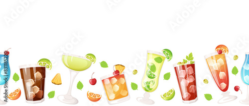 Alcoholic cocktails horizontal seamless border. Cocktails bar party banner concept 