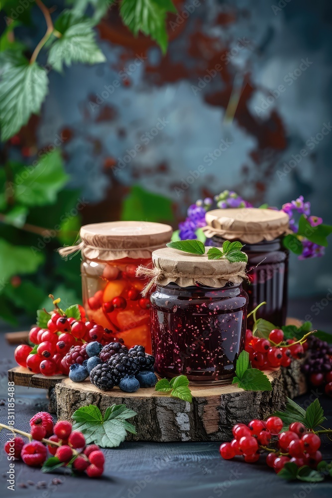Preserving various jams in jars. Selective focus.