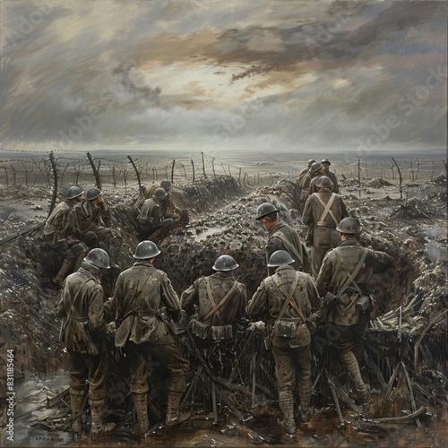 Depicting soldiers in a gloomy battlefield, this historical painting could be a background or wallpaper abstract, appealing as a best-seller in its category photo