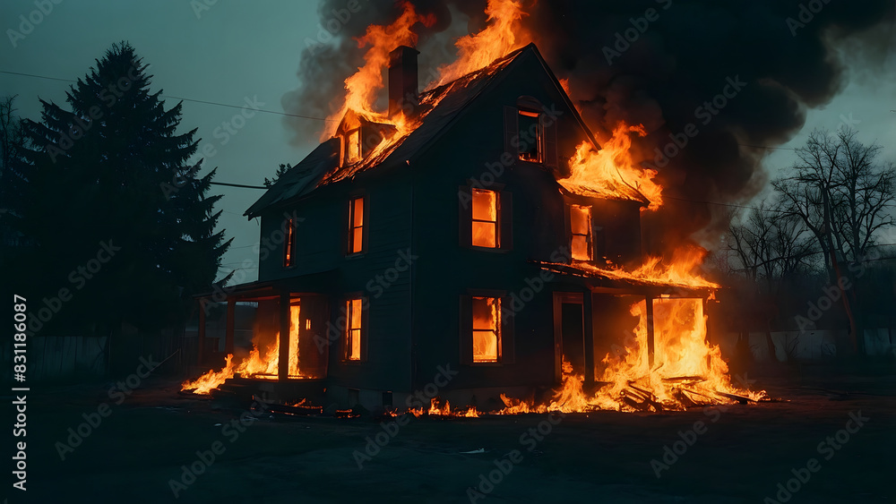 House on fire at night