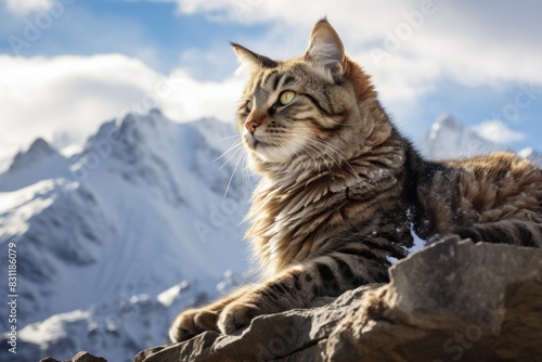 Portrait of a happy serengeti cat in snowy mountain range © Markus Schröder