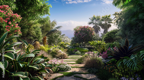 Luxurious garden with diverse flora and a breathtaking view  perfect for nature lovers.