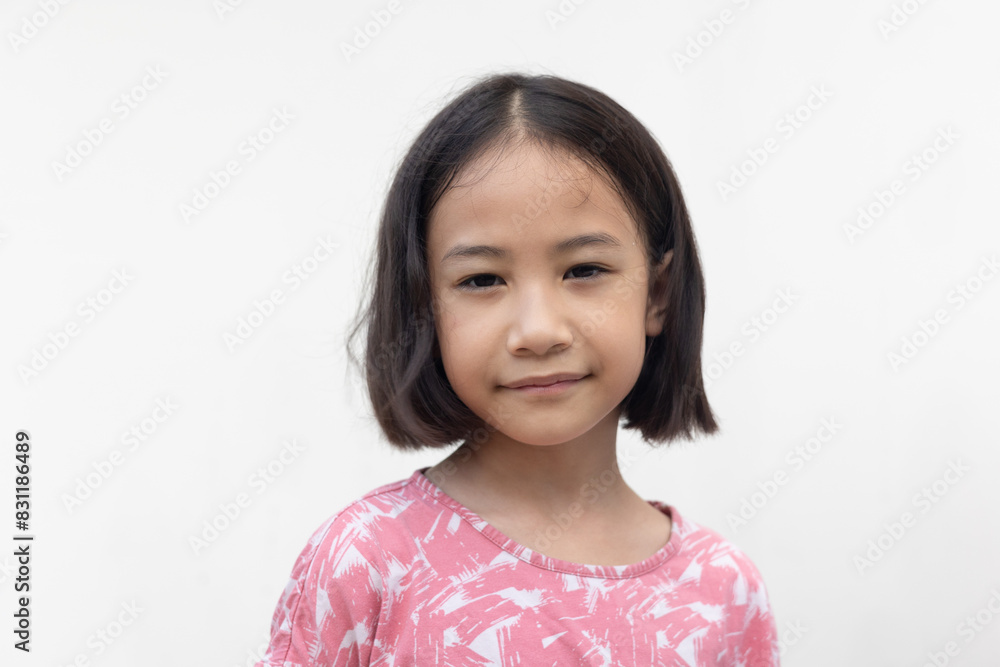 Half body close up with white background of adorable asian kid girl who is looking, smiling and posing shows concept of young generation, children with positive, happy and enjoy expression. Half body close up with white background of adorable asian kid girl who is looking, smiling and posing shows concept of young generation, children with positive, happy and enjoy expression.