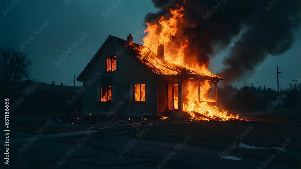 House on fire at night