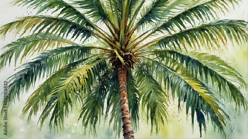 Fototapeta premium a lush, vibrant watercolor painting of a palm tree, capturing the dynamic and vivid movement of its long, sweeping fronds against a soft, speckled background