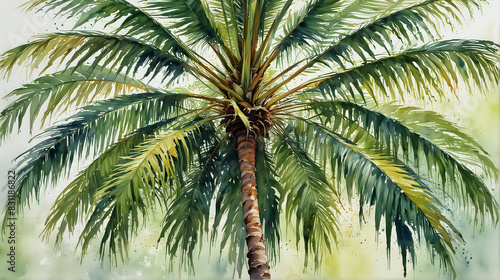 a lush  vibrant watercolor painting of a palm tree  capturing the dynamic and vivid movement of its long  sweeping fronds against a soft  speckled background