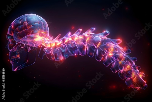 Neon Glowing D Human Erector Spinae Model Isolated on Black Background for Medical Education photo